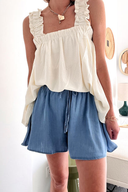 Dusk Blue Drawstring Elastic Waist Wide Leg Denim Shorts