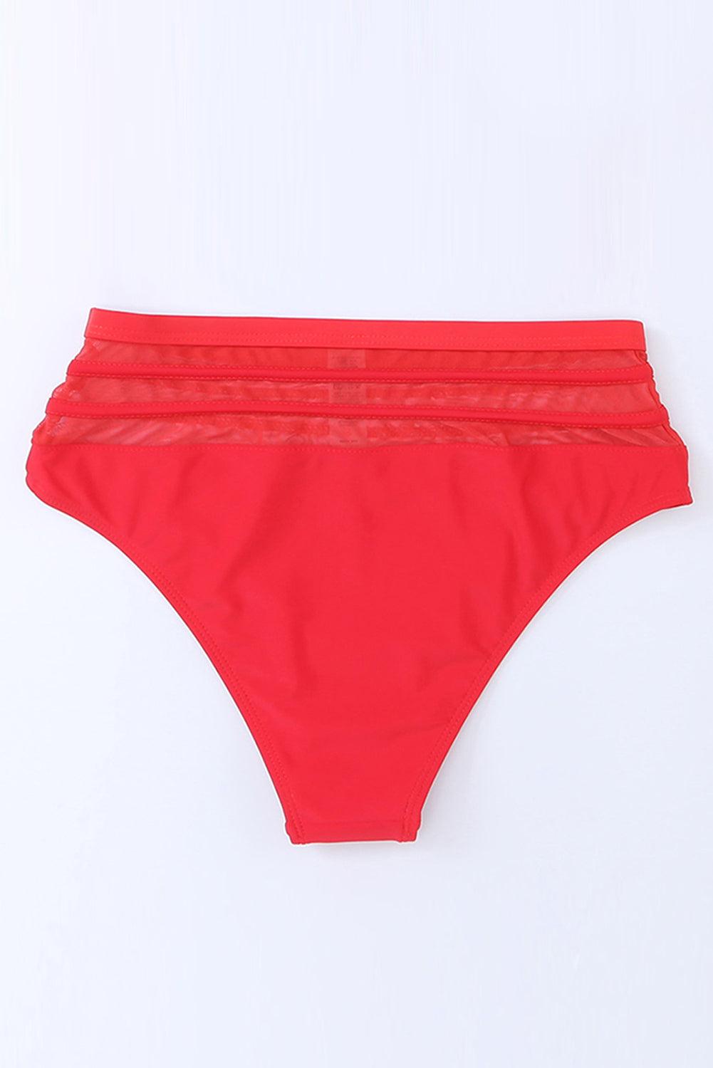 Fiery Red Mesh Striped High Waist Bikini Bottoms - L & M Kee, LLC