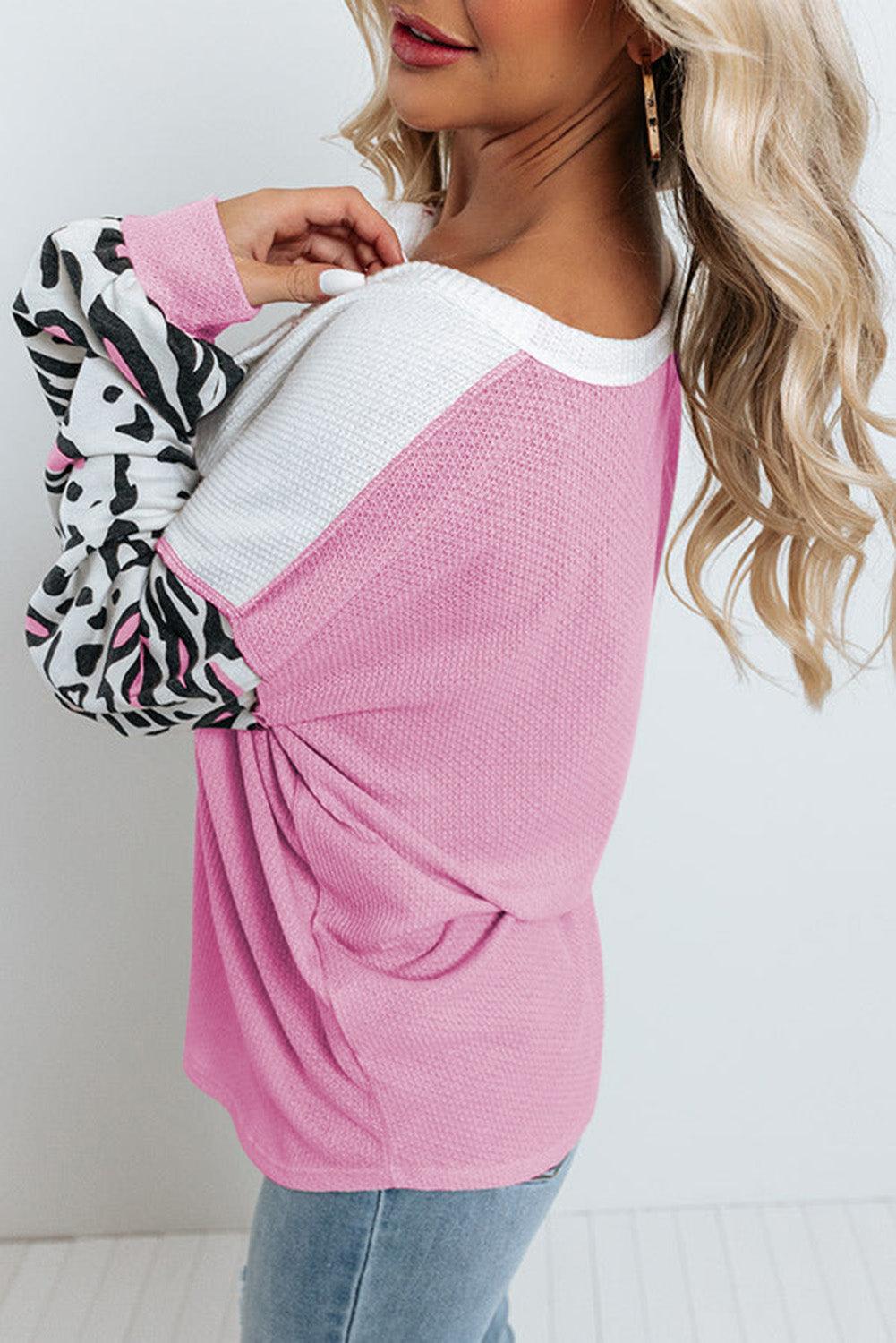 Pink Leopard Sleeve Patchwork Waffle Knit Top - L & M Kee, LLC