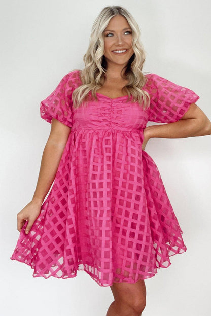 Strawberry Pink Checkered Puff Sleeve Babydoll Dress - L & M Kee, LLC