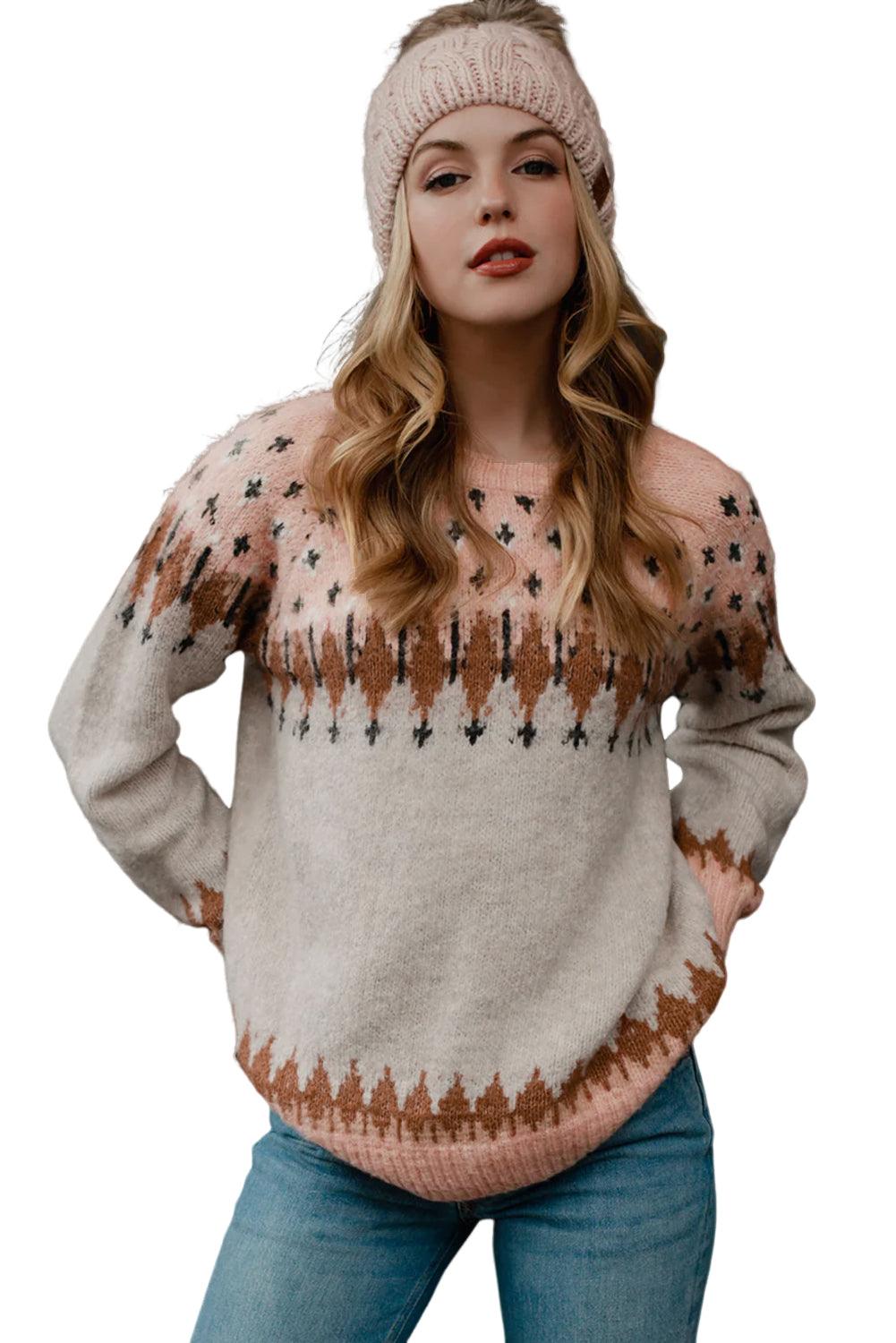 Multicolor Mixed Geometric Detail Raglan Sleeve Sweater - L & M Kee, LLC