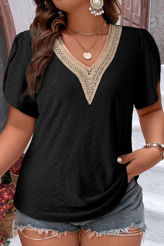 Black Guipure V Neck Plus Size Eyelet Embroidered Top - L & M Kee, LLC