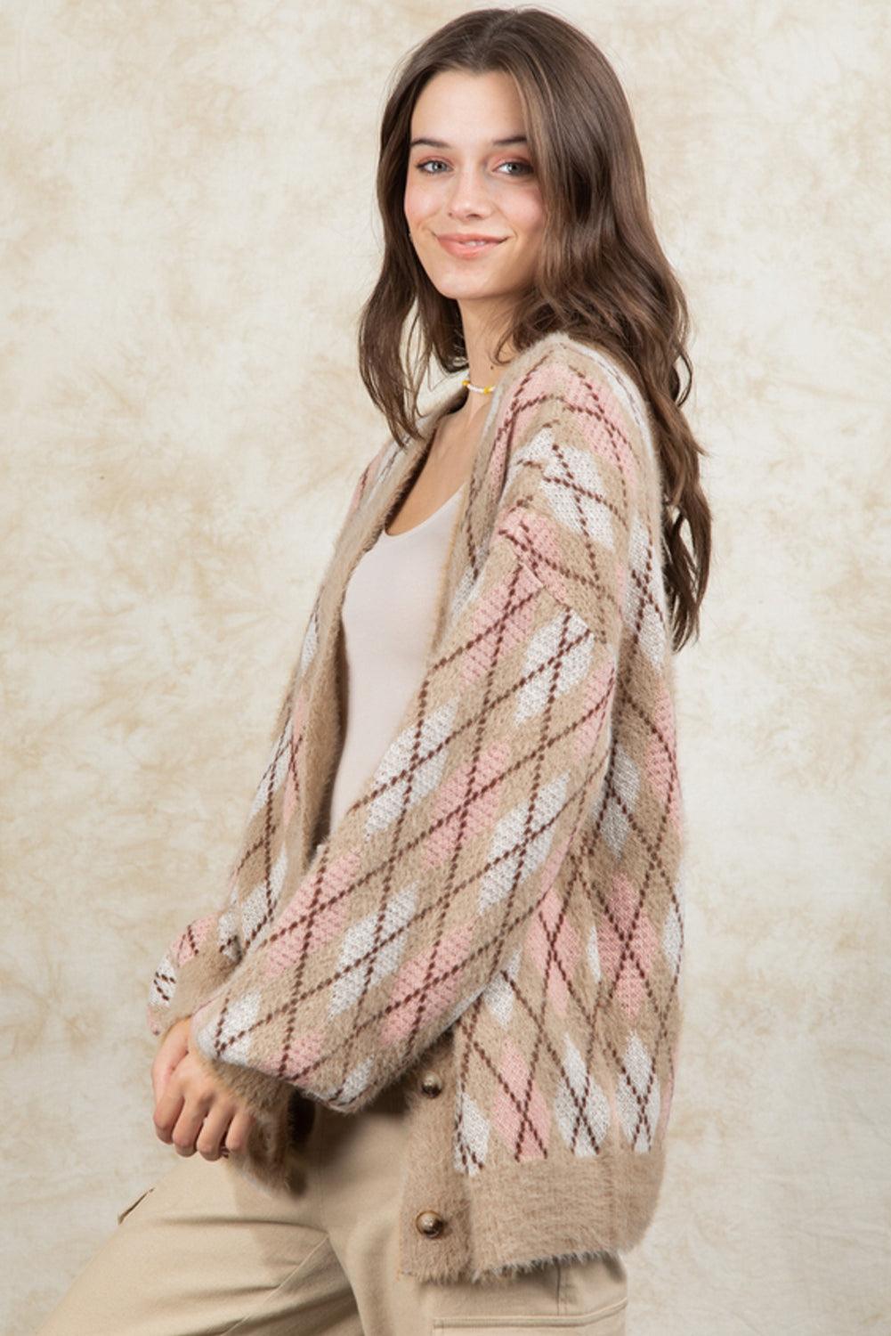 Multicolour Rhombus Pattern Knit Sweater Cardigan - L & M Kee, LLC