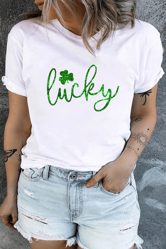 White Plus Size Lucky Clover Glitter Print Crew Neck T Shirt - L & M Kee, LLC