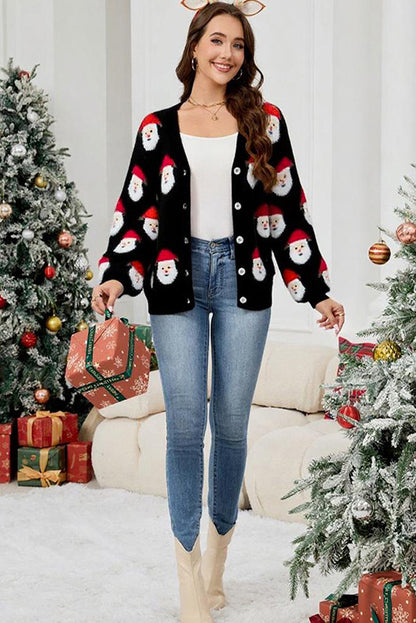 Black Christmas Santa Claus Pattern Button V Neck Sweater Cardigan
