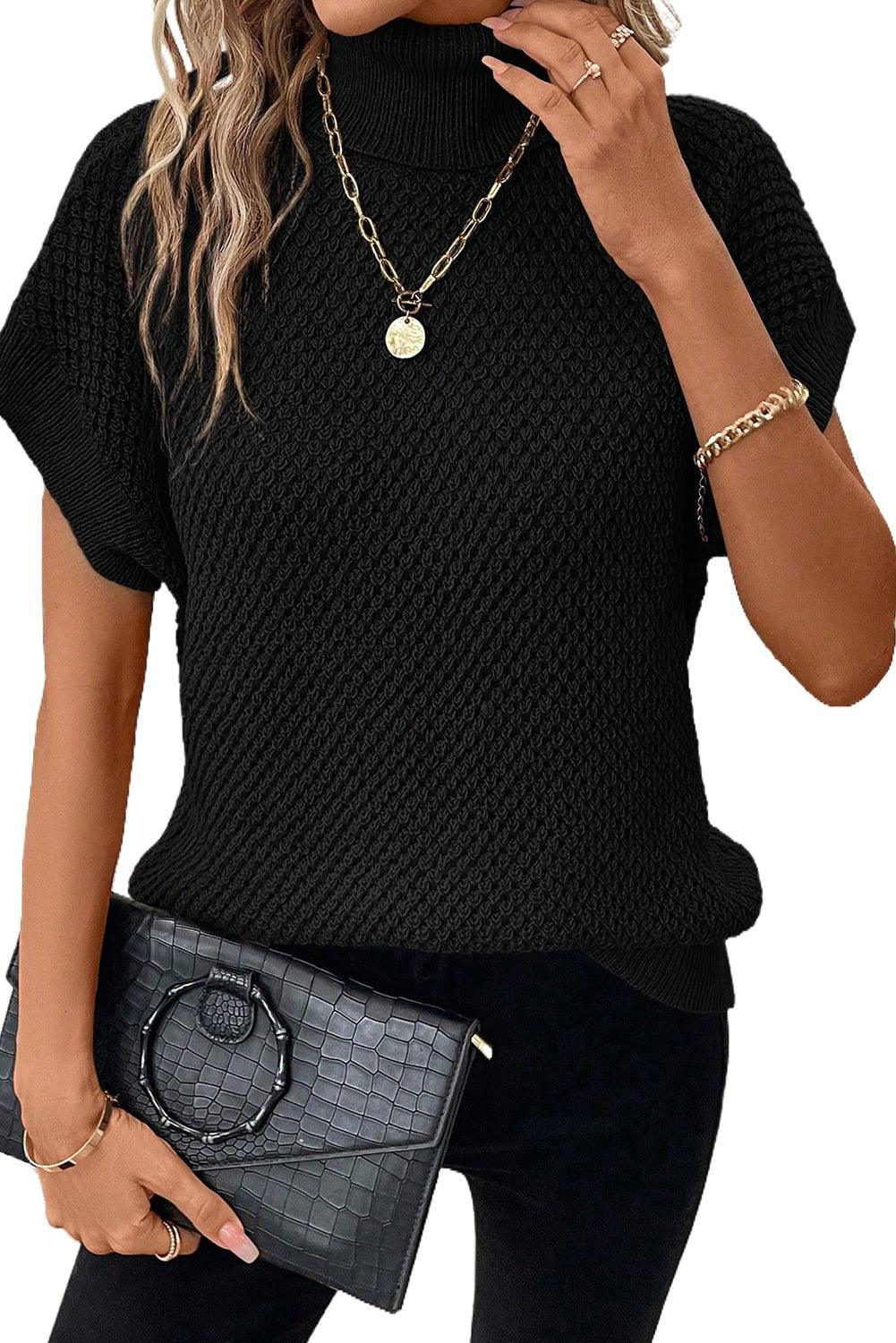 Black Turtleneck Textured Short Sleeve Sweater - L & M Kee, LLC