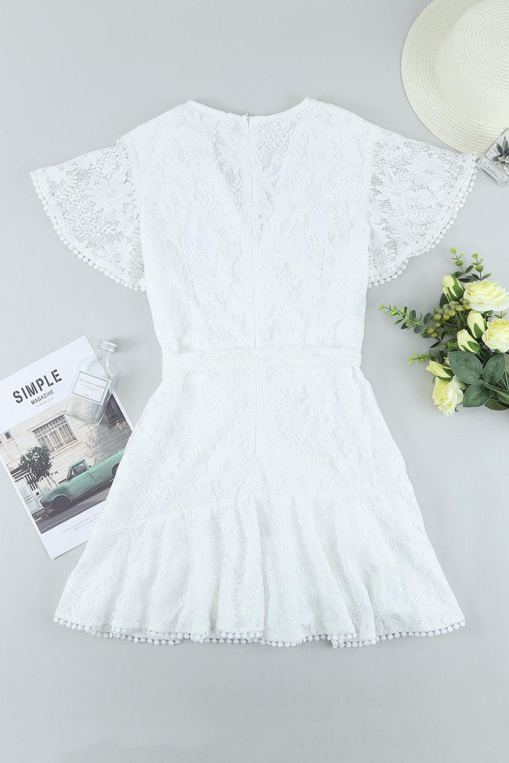 White Flutter Sleeve Wrap V Neck Floral Lace Short Dress - L & M Kee, LLC