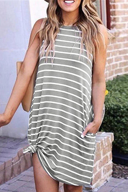 Stripe Print Side Pockets O-neck Sleeveless Mini Dress