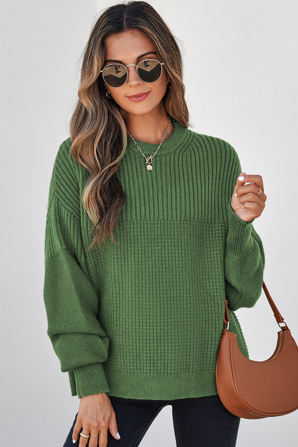 Vineyard Green Solid Color Mixed Textured Knitted Crew Neck Sweater