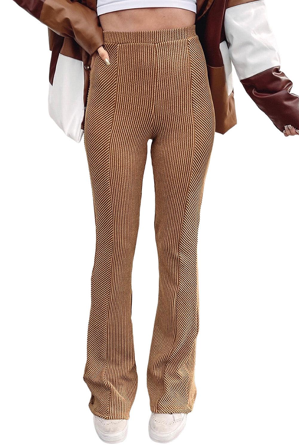 Brown Ribbed Knit High Rise Flare Leggings - L & M Kee, LLC