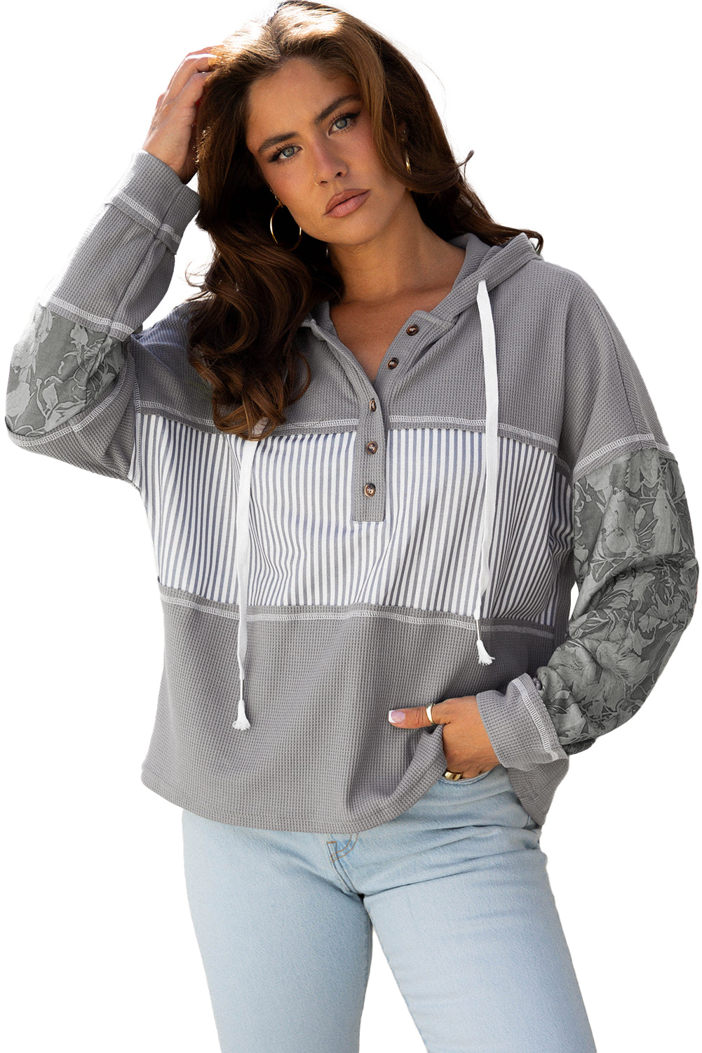Gray Waffle Printed Patchwork Drawstring Hooded Long Sleeve Top