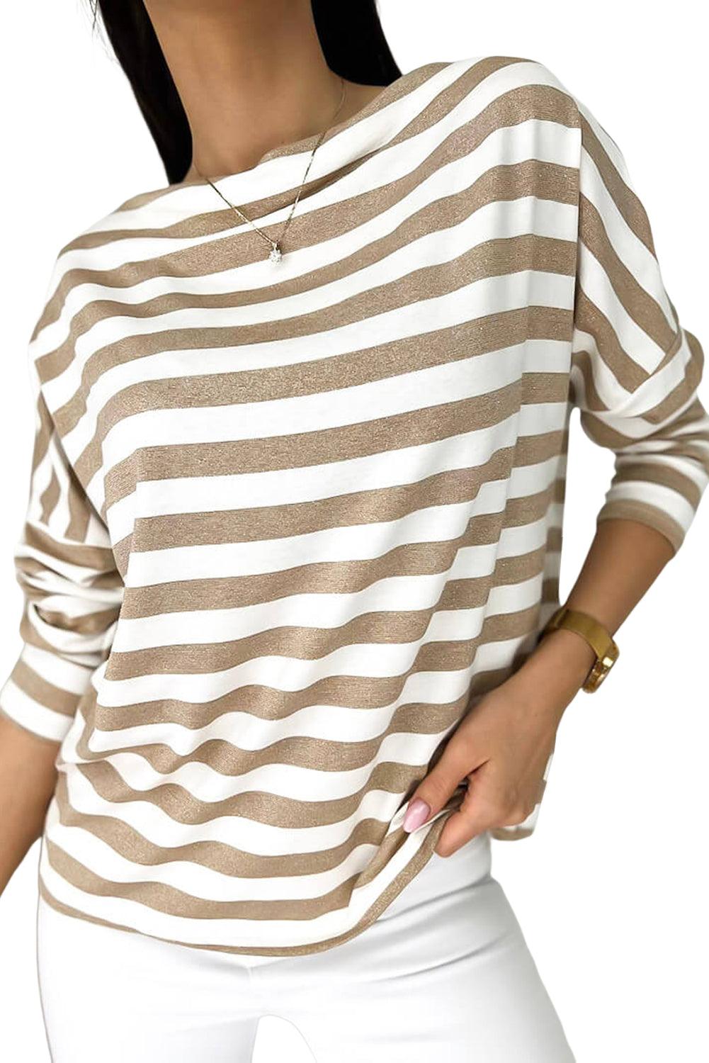 Khaki Striped Boat Neck Long Sleeve Top - L & M Kee, LLC