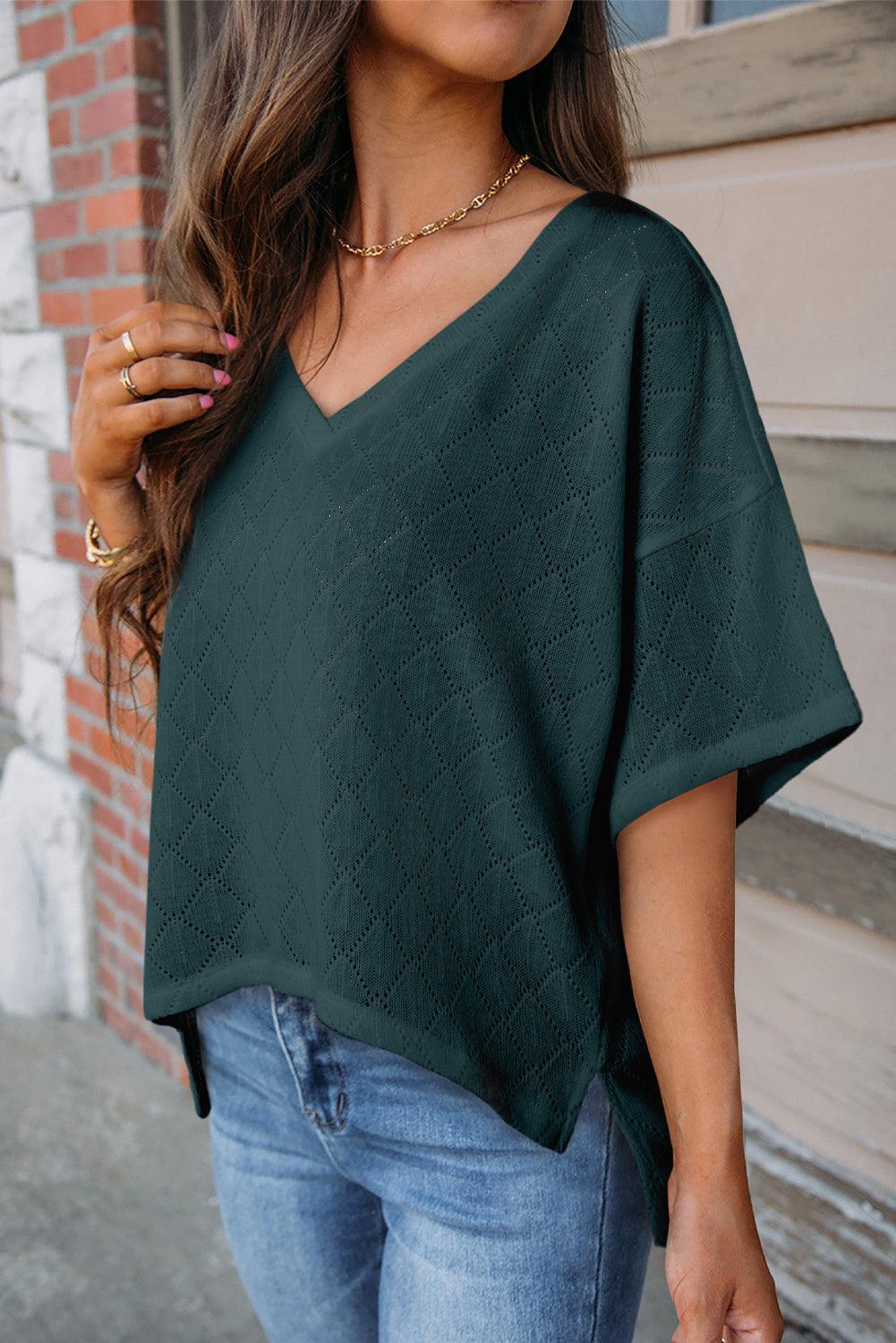 Blackish Green V Neck Knitted Flowy Blouse - L & M Kee, LLC