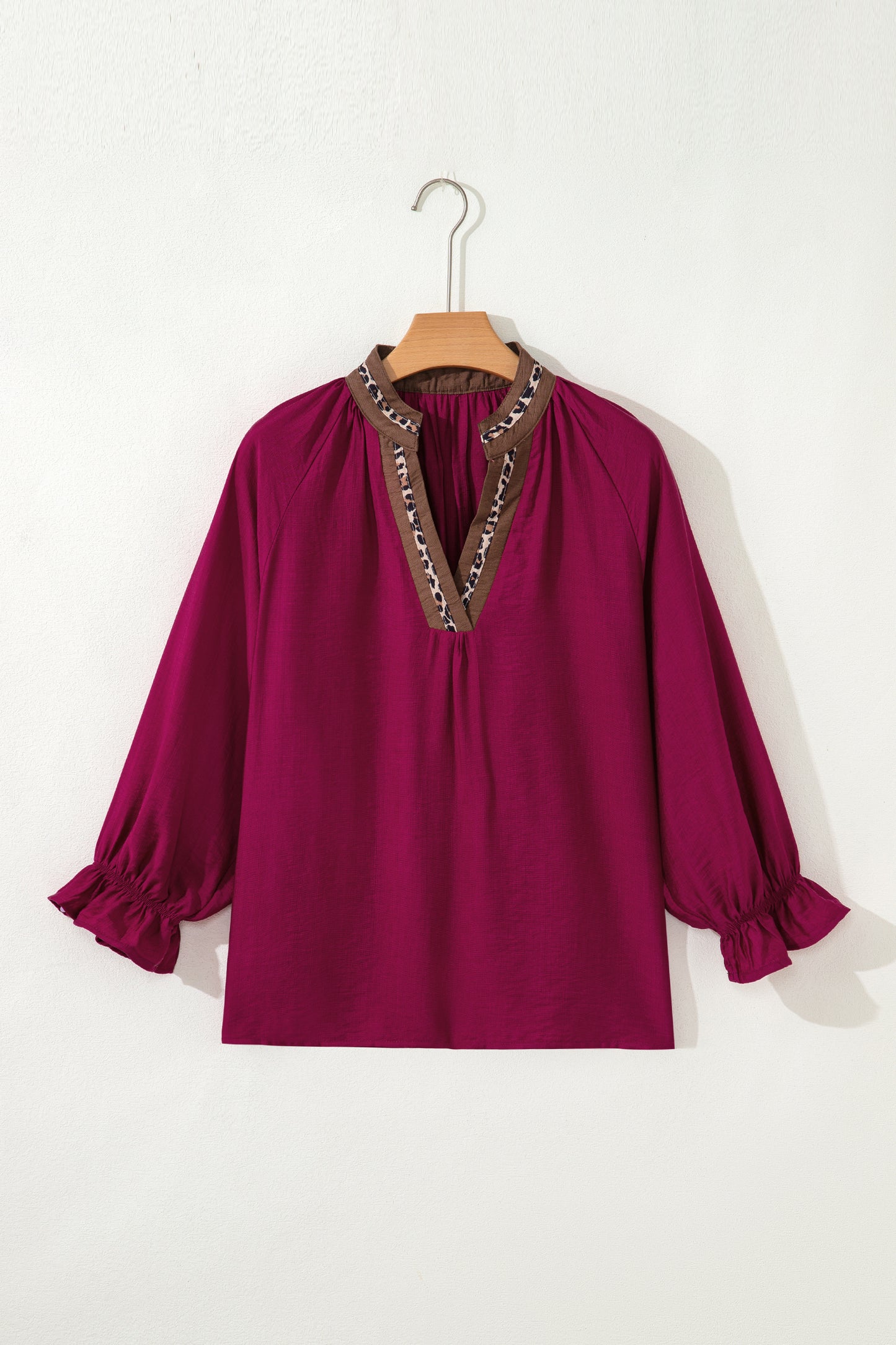 Violet Leopard Trim V Neck Flounced Bracelet Sleeve Blouse