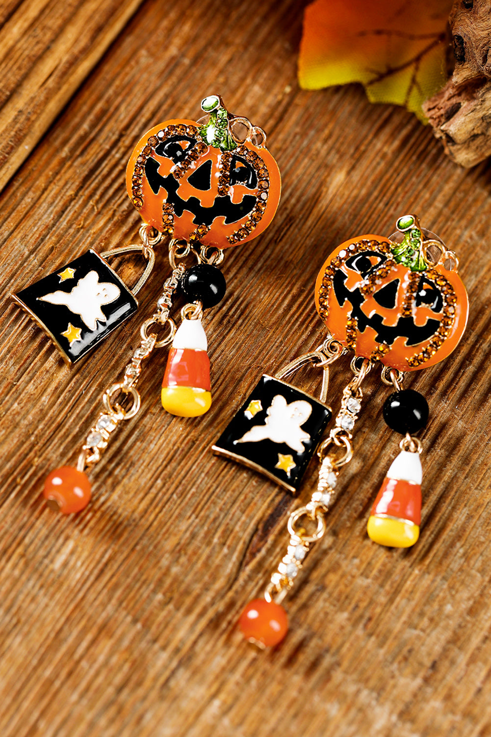 Orange Halloween Rhinestone Pumpkin Ghost Tassel Earrings