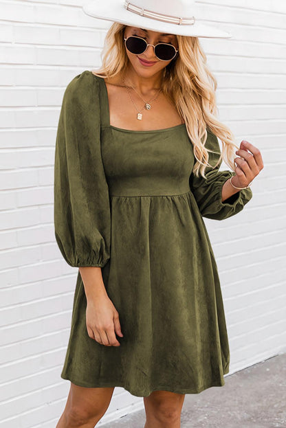 Brown Suede Square Neck Puff Sleeve Dress - L & M Kee, LLC