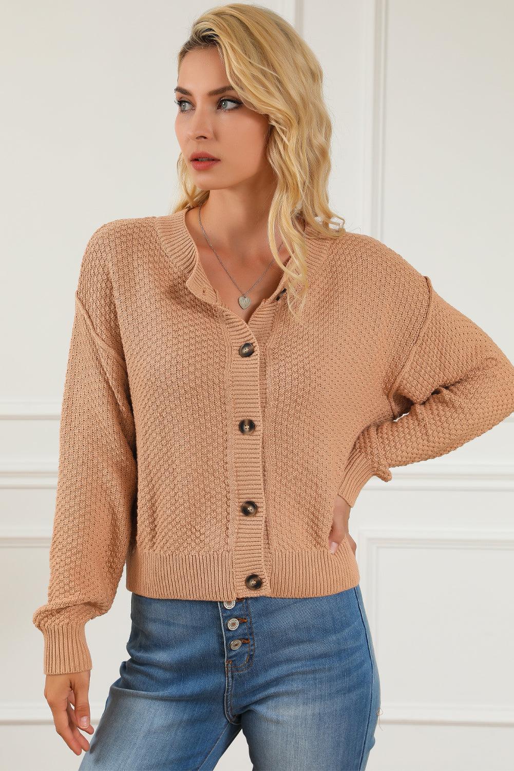 Khaki Button Front Drop Shoulder Knitted Cardigan - L & M Kee, LLC