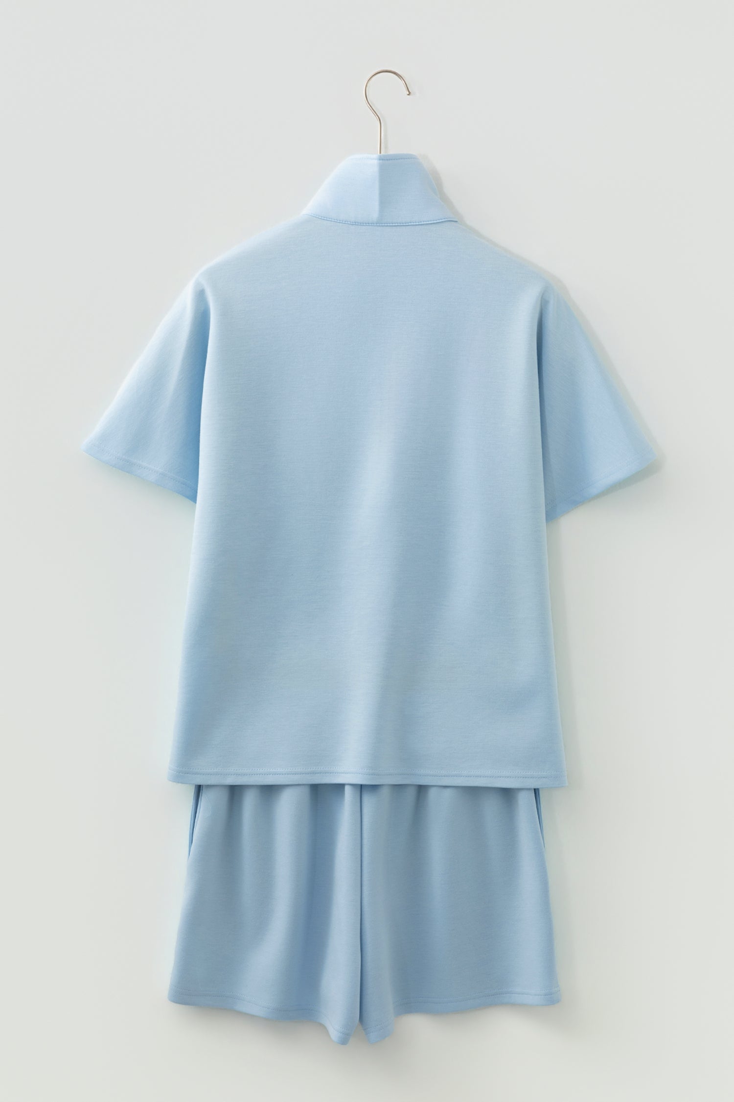 Beau Blue Solid Color Half Zip Loose Short Sleeve Sweatshirt 2pcs Set