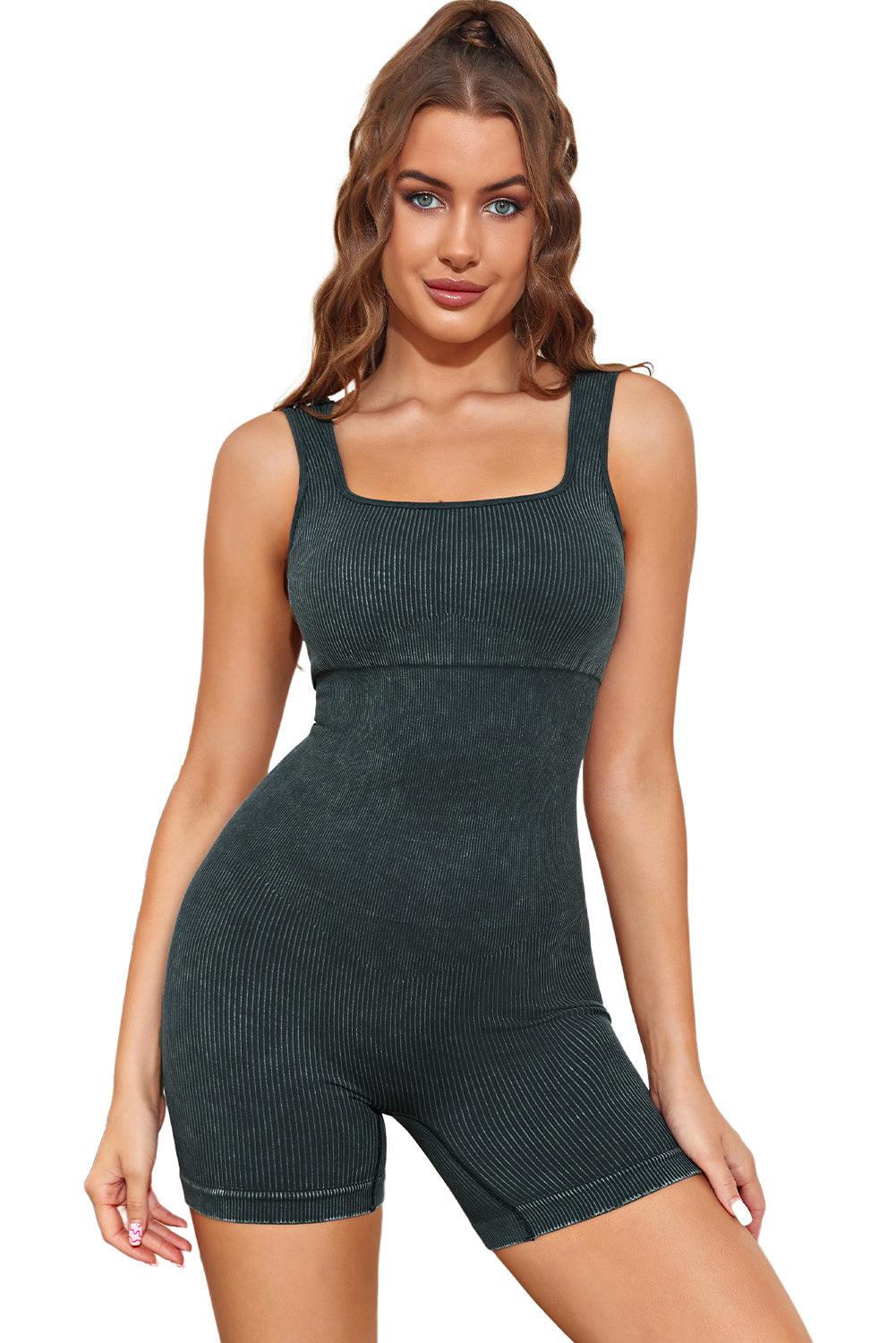 Gray Ribbed Square Neck Padded Sports Romper - L & M Kee, LLC