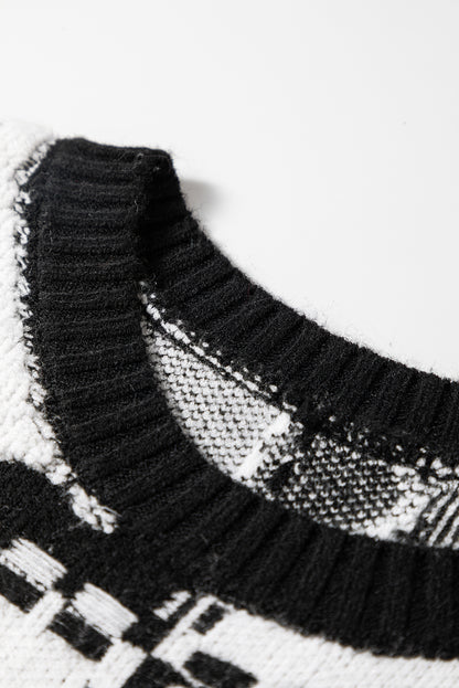 Black Halloween Ghost Checkered Drop Shoulder Sweater