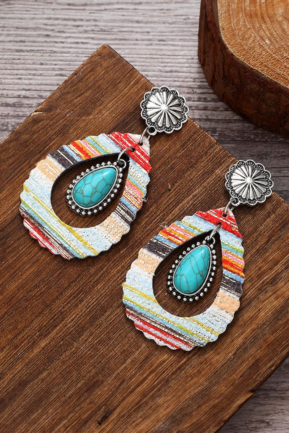 Red Hollowed Waterdrop Shape Leather Turquoise Earrings