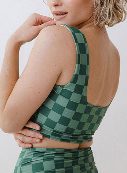 Green Checkered Print Square Neck Cropped Swim Top - L & M Kee, LLC