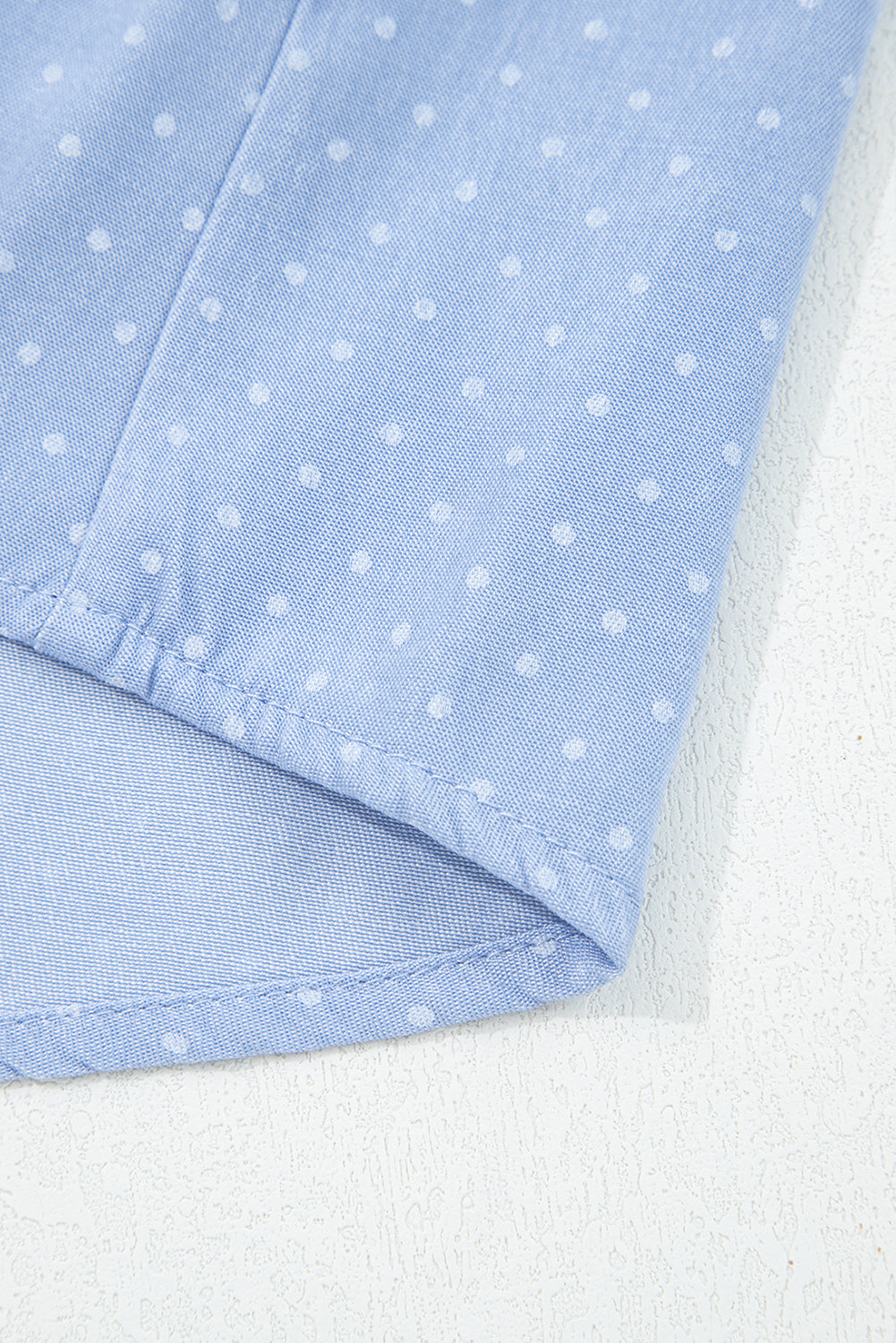 Beau Blue Lace Trim Patchwork Dotted Print Collared Denim Blouse