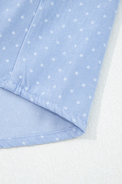 Beau Blue Lace Trim Patchwork Dotted Print Collared Denim Blouse