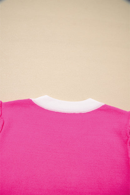 Bright Pink XOXO Embroidered Graphic Valentines Contrast Trim Crew Neck Short Puff Sleeve Sweater Tee