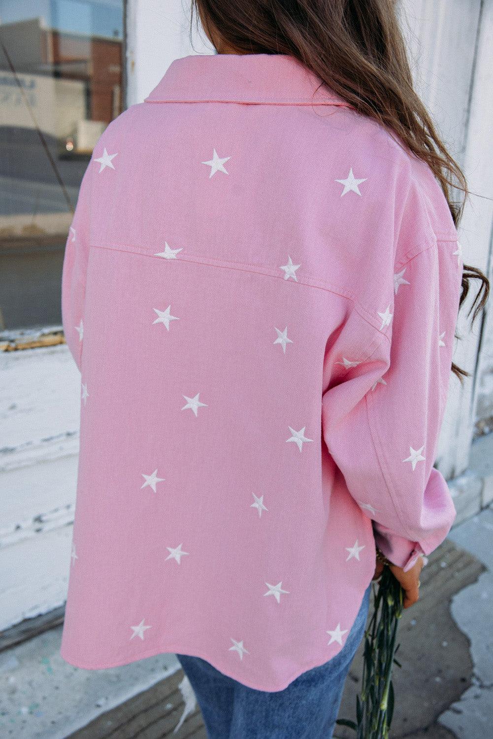 Pink Star Print Button Denim Jacket - L & M Kee, LLC