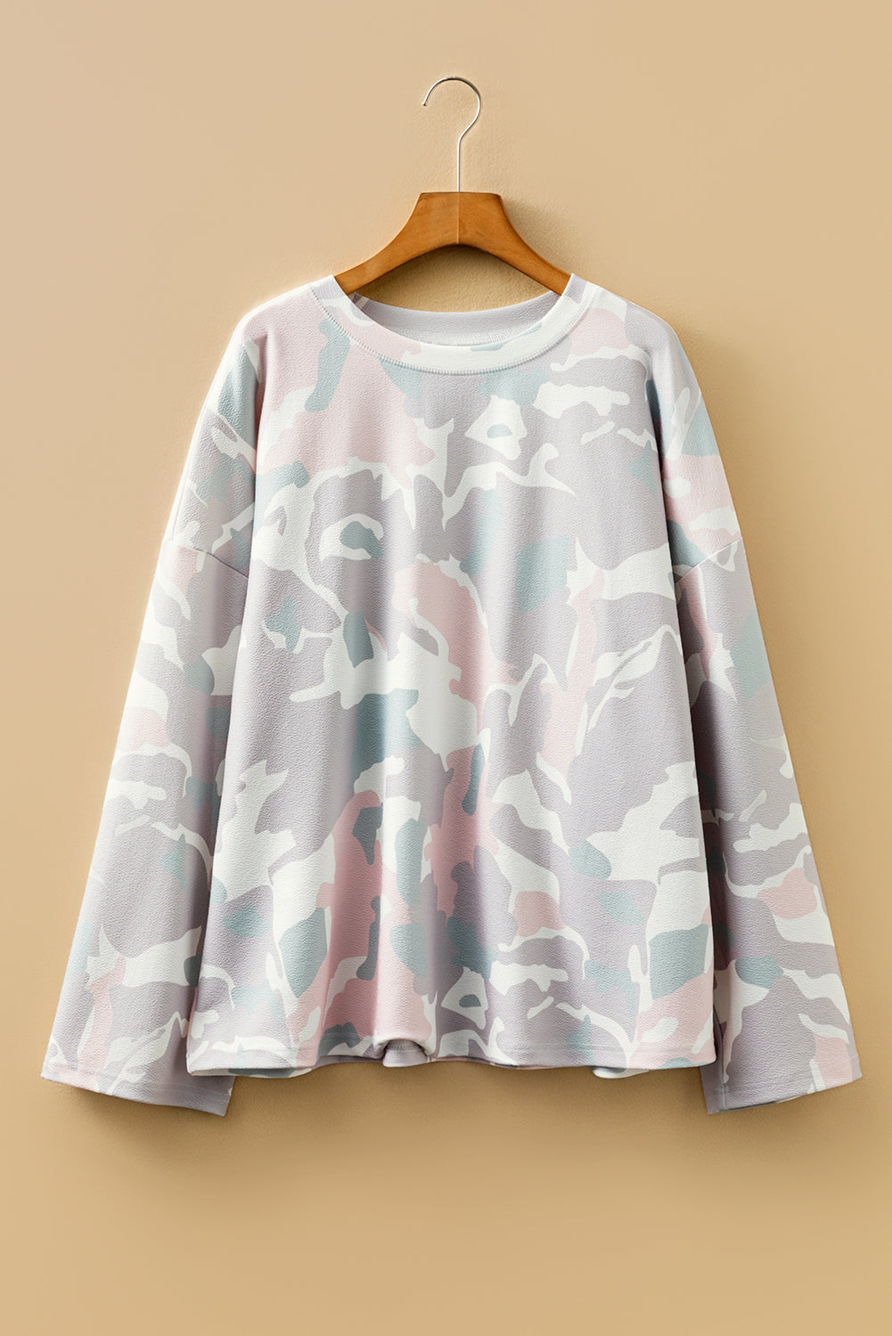 Green Plus Size Camouflage Print Drop Shoulder Loose Pullover Top