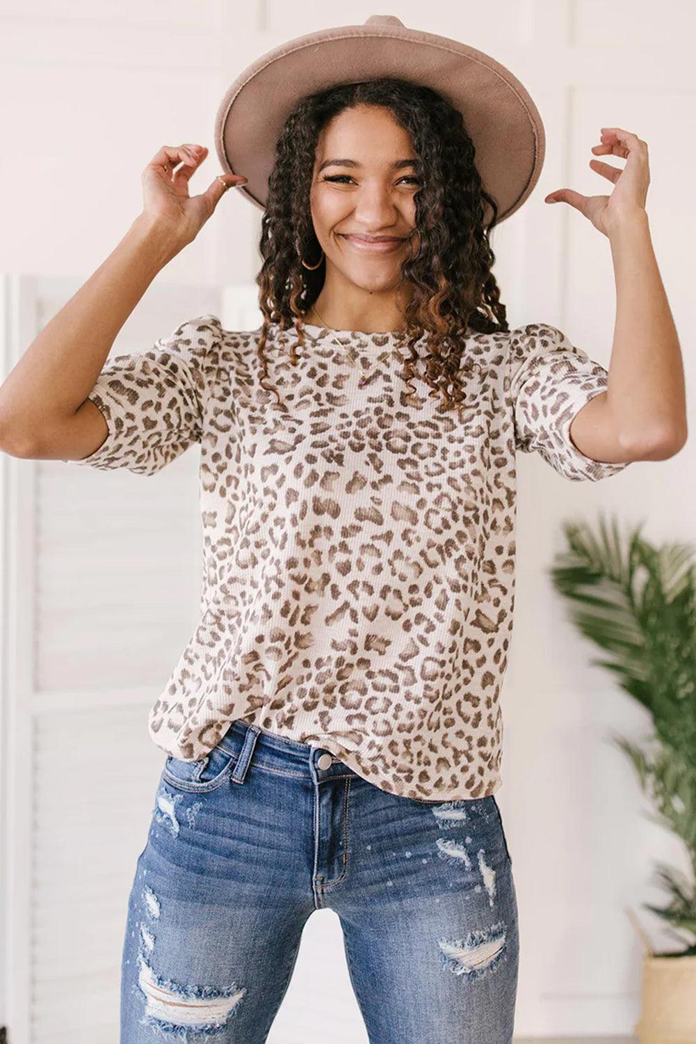 Multicolour Textured Leopard Print Ruched Sleeve T Shirt - L & M Kee, LLC