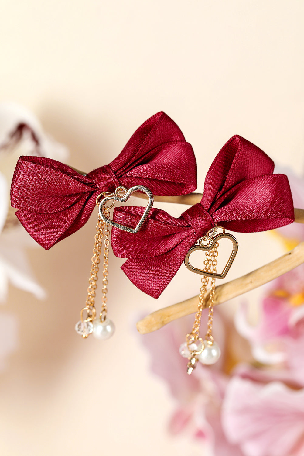 Racing Red Bow Knot Heart Pearl Tasseled Hair Clips