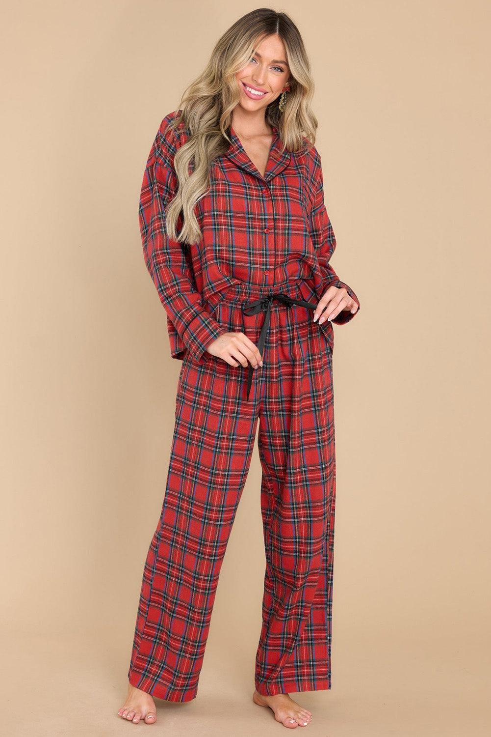Fiery Red Tartan Plaid Print Long Sleeve Shirt and Pants Pajama Set - L & M Kee, LLC