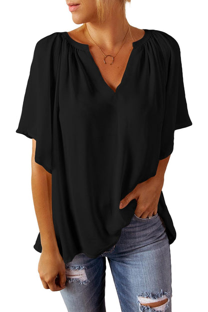 Black Split Neck Pleated Loose Top - L & M Kee, LLC