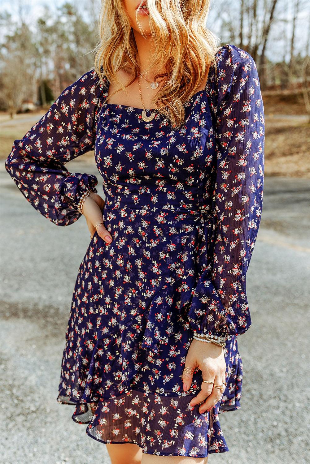 Floral Print Smocked Square Neck Bubble Sleeve Dress - L & M Kee, LLC