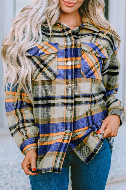 Geometric Plaid Print Pocketed Shacket - L & M Kee, LLC