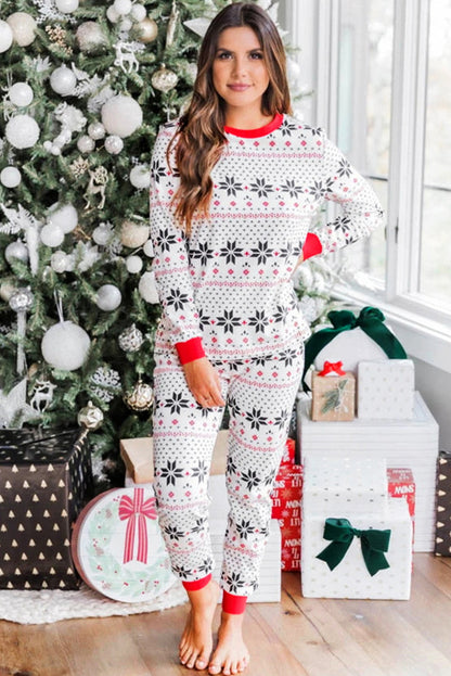 White Christmas Snowflake Print Slim Fit Two Piece Lounge Set