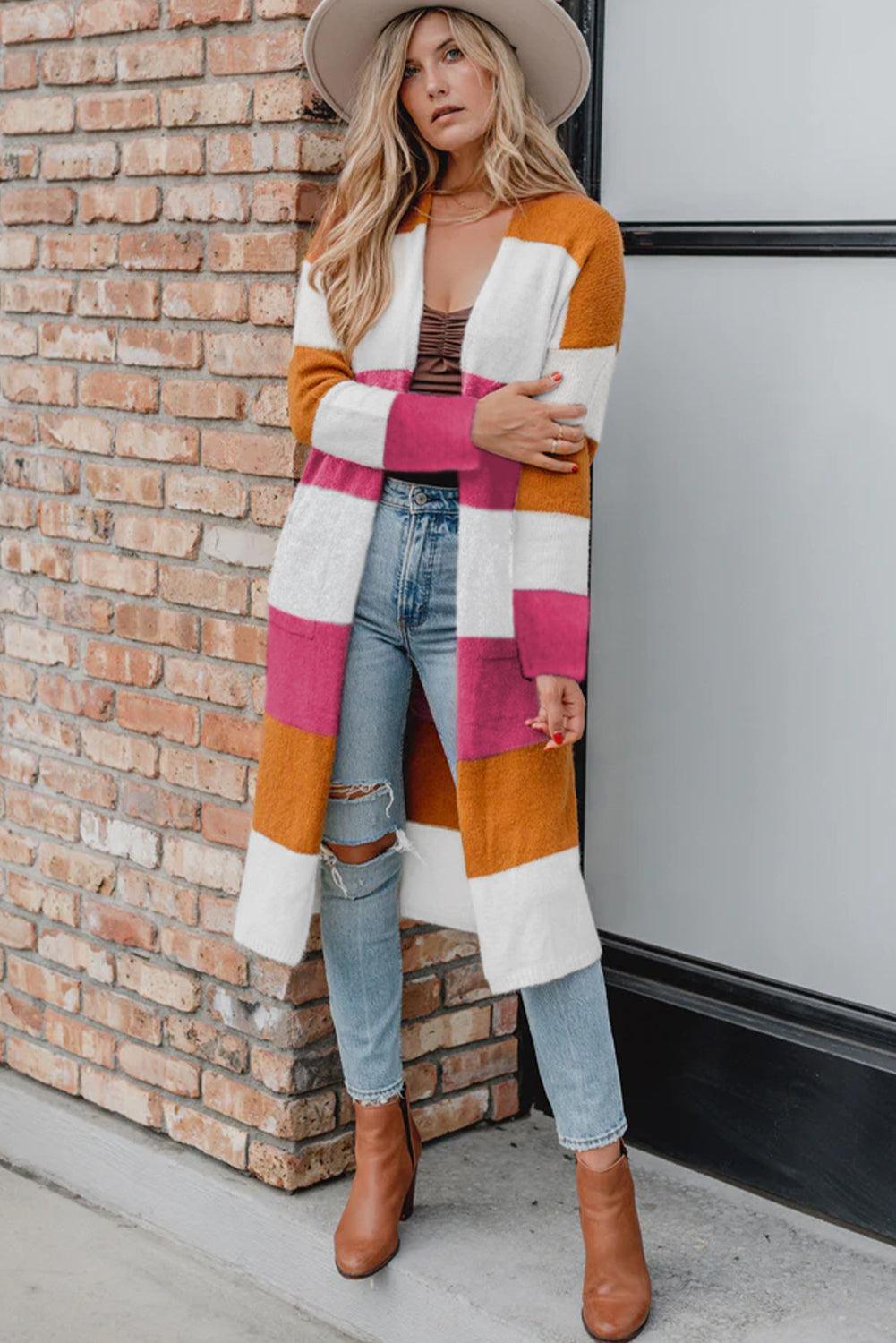 Rose Red Colorblock Open Front Long Knit Cardigan - L & M Kee, LLC