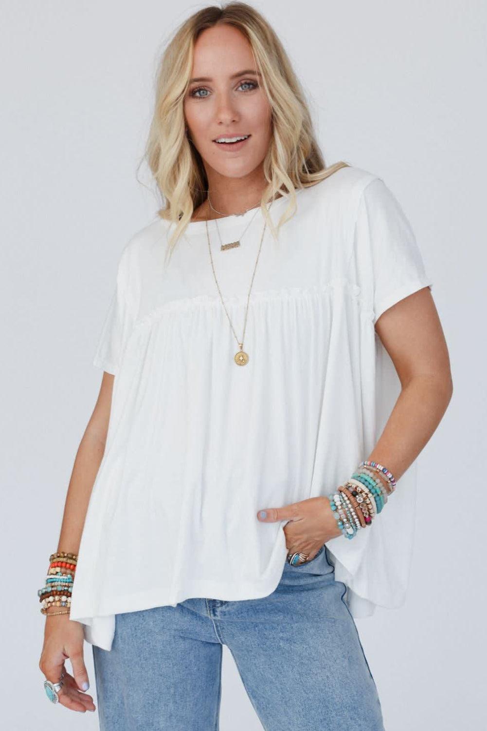 White Ruffled Trim Loose Babydoll Tee - L & M Kee, LLC