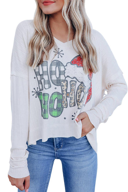 White HOHOHO Christmas Graphic Wide Rib Long Sleeve Top - L & M Kee, LLC