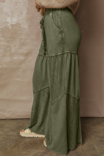 Vineyard Green Mineral Wash Tiered Wide Leg Patchwork Drawstring Pants