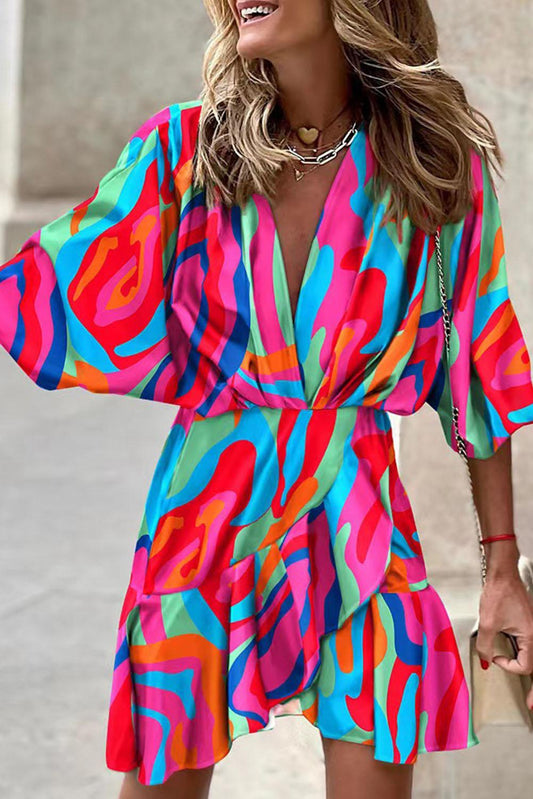 Multicolor Abstract/Zebra Printed V Neck Dolman Sleeve Ruffle Wrap Dress - L & M Kee, LLC