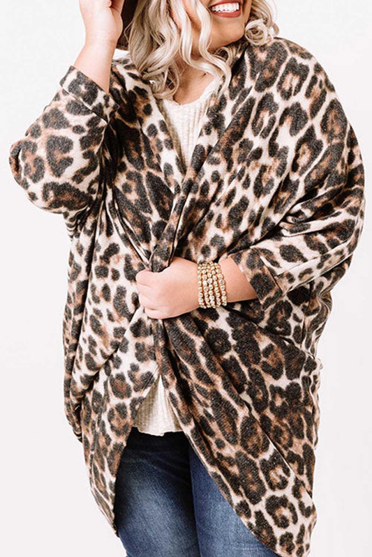 Leopard Plus Size Draped Open Front Cardigan - L & M Kee, LLC