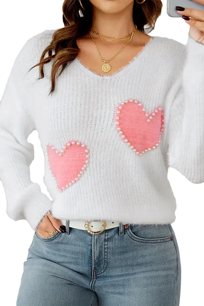 White Pearl Beaded Heart Pattern Fuzzy V Neck Sweater