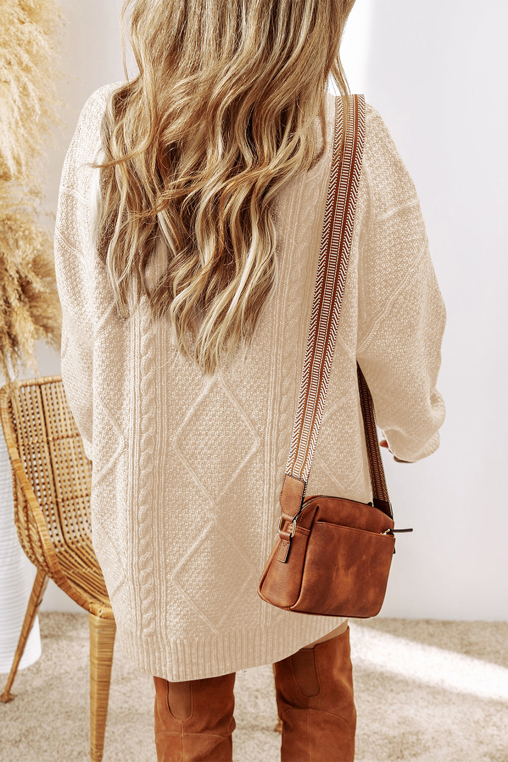 Oatmeal Cable Knit Drop Shoulder Loose Fit Sweater Dress