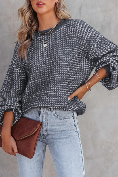 Gray Heathered Knit Drop Shoulder Puff Sleeve Sweater - L & M Kee, LLC