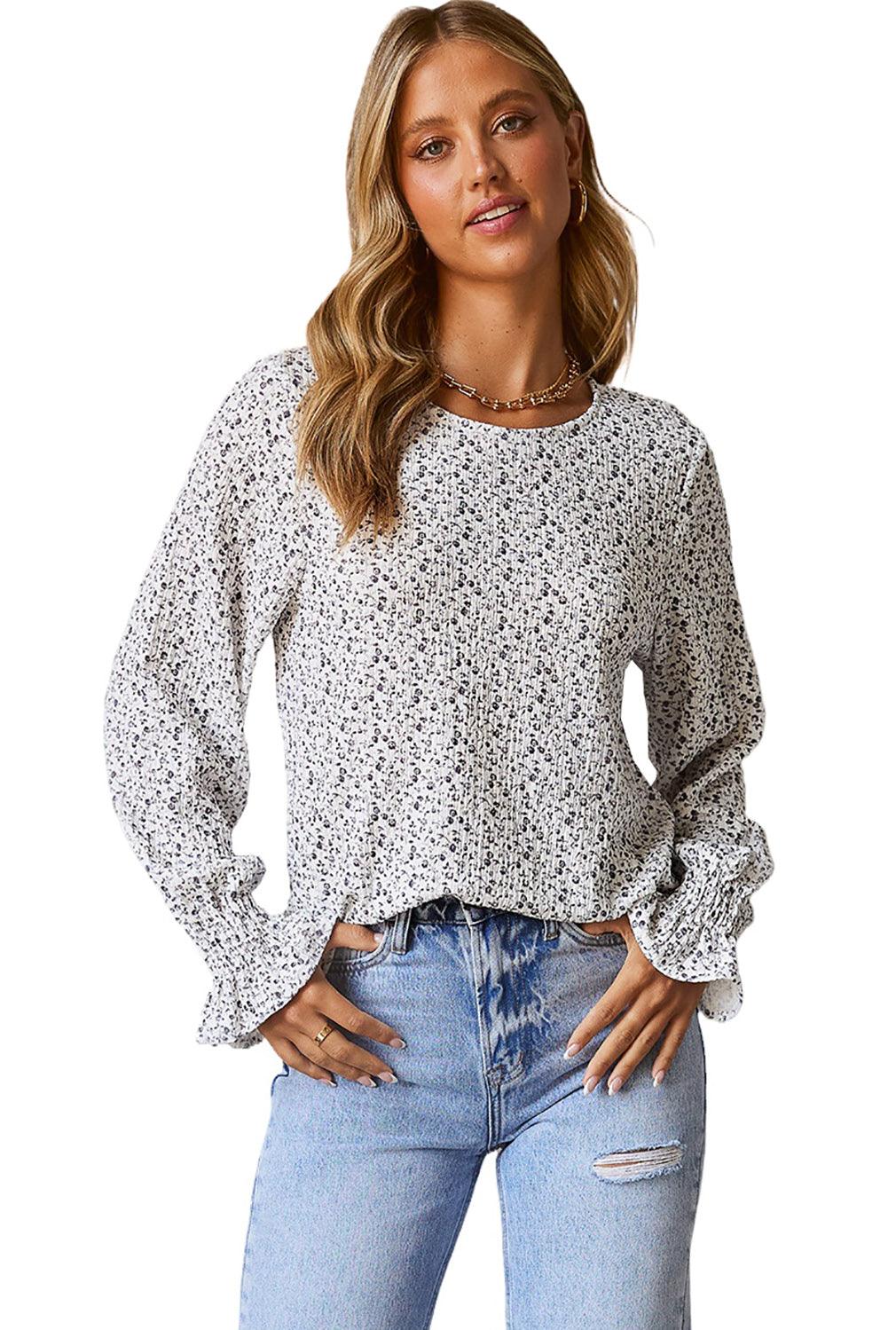 Black Floral Printed Crinkled Ruffled Bubble Sleeve Blouse - L & M Kee, LLC