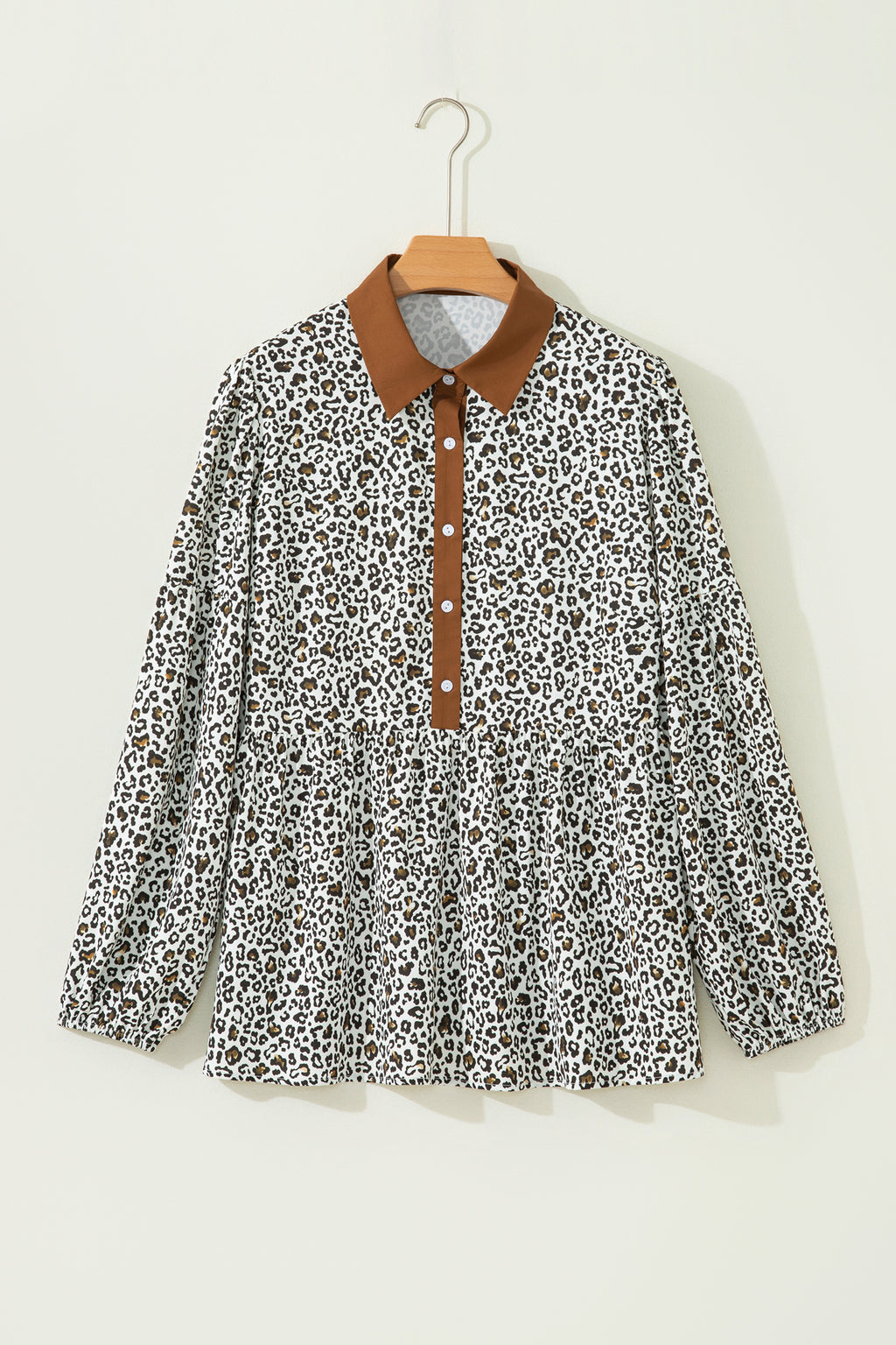 Khaki Plus Size Buttoned Contrast Trim Puff Sleeve Leopard Print Blouse