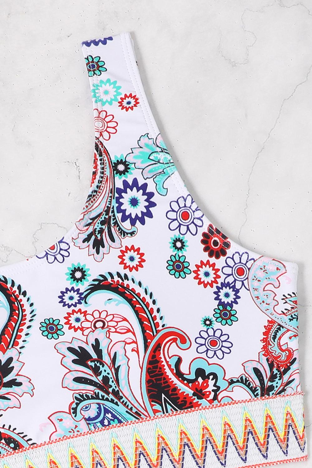 White Boho Paisley Contrast Trimmed One-shoulder Bikini - L & M Kee, LLC